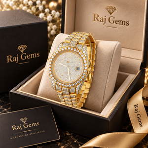 Reloj de Diamantes de Lujo Raj Gems, Caja de Acero Inoxidable de 42 mm, Movimiento de Cuarzo Analógico, Cierre de Hebilla de Vidrio de 20 mm, Números Romanos Vintage - Product Image 1