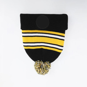 Gorro de Punto a Rayas con Pompón, Negro, Amarillo, Blanco, Unisex, para Adultos, Gorro de Invierno, Tejido por Computadora, 56-58 cm, Uso Casual - Product Image 2