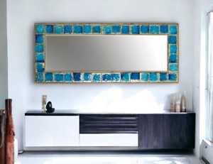 Handmade <b>Wooden</b> Rectangular Wall <b>Mirror</b> With Blue And White Mediterranean Mosaic Tile Frame - Product Image 3