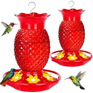 Paquete de 2 comederos de cristal rojo de 16 oz para colibríes, a prueba de hormigas y abejas, para colgar al aire libre, con 6 orificios de alimentación, suministros premium para pájaros. - Product Image 1