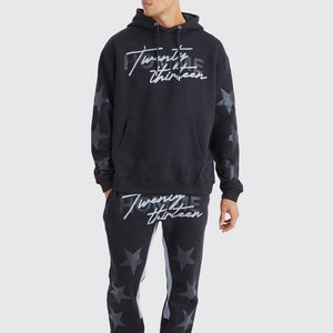 Conjunto Deportivo con Capucha para Hombre, Color Negro, con Estampado de Estrellas y Logotipo, Estilo Urbano, Sudadera y Pantalones de Algodón de Corte Holgado - Product Image 3