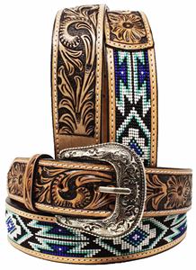 Ceinture en cuir de vachette véritable de luxe de 1.5 pouces faite à la main de style occidental Design floral usiné à la main bord perlé importé d'Argentine - Product Image 2