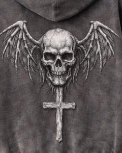 Sudadera con capucha gris oscuro personalizada con cremallera, lavado ácido, estampado de doble calavera en la manga, estilo streetwear oversize de algodón y felpa. - Product Image 3