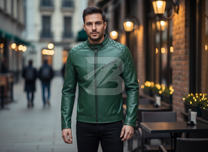 Zarina Wear Men <b>Genuine</b> Leather Jacket Forest Green Quilted Shoulder Biker Moto Stand Collar Zip Up OEM Men's Jackets - Product Image 6