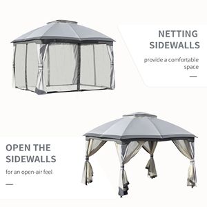 10 X 12 Outdoor Patio Gazebo <b>Canopy</b> Shelter Grey Steel Frame with Double Vented <b>Roof</b> Zippered Mesh Sidewalls - Product Image 3
