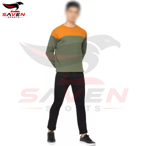 Sweat-shirt en molleton colorblock pour homme, personnalisé, vert olive et jaune moutarde contrastant, col rond, pull décontracté, vente en gros - Product Image 4