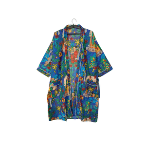 Bata Kimono de Algodón con Diseño Floral Hecha a Mano |   Ropa de dormir de manga larga con cuello en V para mujer con bolsillos |   Obra Maestra Sostenible de Larga Duración - Product Image 1