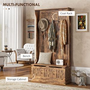 3-in-1 Rustic Brown Entryway Bench with Coat Rack & <b>Shoe</b> Storage Hall Tree with 5 <b>Hooks</b> Free Standing MDF Material - Product Image 4