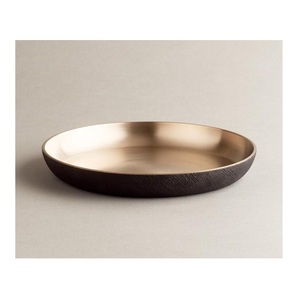 Minimalist Brass <b>Serving</b> <b>Tray</b> Round Metal Platter Brushed Gold Decorative Bowl Dish Textured <b>Black</b> Outer Rim Plate - Product Image 1
