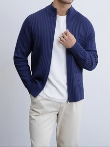 Pull cardigan à col mandarin noir pour homme, fermeture éclair, manches longues, couleur unie, anti-boulochage, polyester/viscose/acrylique/polyamide - Product Image 2