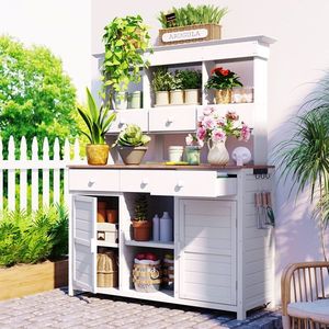 Assembly Video Included 65.7 H <b>Tall</b> Garden Potting Bench <b>Table</b> Hutch 3 Shelf Patio Storage Workstation 6 Drawers Patio Furniture - Product Image 1