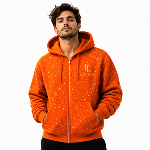 Sweat à capuche zippé pour homme, imprimé étoiles orange, style strass personnalisé, streetwear décontracté, mode - Product Image 1
