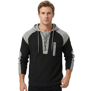 Suéter de punto con capucha para hombre, manga raglán, color sólido, informal, para invierno, con cordones delanteros y bolsillo con cremallera, 100% algodón - Product Image 1