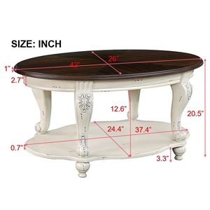 42\" Beige E <b>Oval</b> Wood <b>Coffee</b> <b>Table</b> for Living Room 2-Tier Solid Wood Cocktail <b>Table</b> with Open Storage Shelf Easy Assembly - Product Image 5