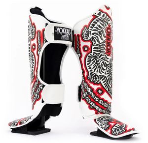 Protège-tibias Yokkao Muay Thai en cuir réglables blanc noir rouge imprimé tigre pour l'entraînement de boxe, équipement de protection toutes saisons - Product Image 4