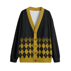 เสื้อคาร์ดิแกนไหมพรมคอวีลายอาร์ไกล์ รุ่นอัลฟ่า ลักซ์ สีดำทอง พรีเมียม สำหรับฤดูหนาว แบบยูนิเซ็กซ์ สวมใส่สบาย ปิดด้วยกระดุมแบบปกปิด - Product Image 1