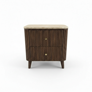 Mesa Auxiliar/De Noche Moderna con 2 Cajones, MDF de Acacia, Chapa de Roble, Tapa de Mármol, Diseño Dinámico para Comedor y Sala de Estar dormitorio. - Product Image 1