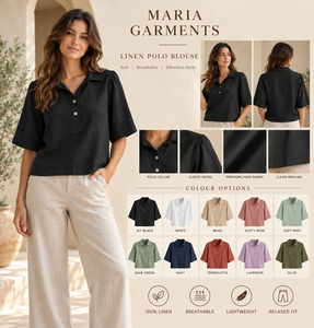 Women 100% <b>Linen</b> Cotton Collared Blouse Three Quarter Sleeve Casual Loose Fit Solid Woven Summer <b>Top</b> 2 Piece Long Set Wholesale - Product Image 6