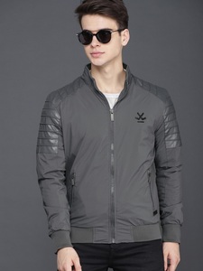 Men's Gray Bomber <b>Jacket</b> PU Leather Sleeve Stand Collar Zipper Front Casual Autumn Wear Solid Color Slim Fit - Product Image 6