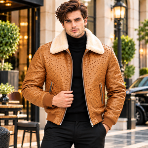 Wholesale <b>Men's</b> <b>Brown</b> Studded Moto Bomber <b>Jacket</b>, Embossed <b>Leather</b> Look, Plush Shearling Fur Collar, Custom OEM/ODM Winter Wear - Product Image 5