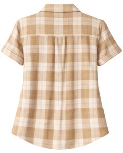 Chemise boutonnée à manches courtes pour femme, à carreaux beige et marron, décontractée, légère, respirante, avec poche, pour l'été - Product Image 2