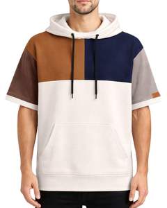 Camiseta con Capucha Personalizada para Hombre, Manga Corta, Bloques de Color Blanco, Azul Marino y Marrón, Sudadera Informal con Bolsillo, Algodón Suave - Product Image 1