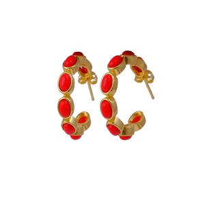 Pendientes de Aro de Coral Rojo Hechos a Mano con Diseño de Piedras Preciosas, Chapados en Oro, Joyería de Latón Ovalada, Piedra de Nacimiento de Moda, Venta al por Mayor, El Joyero Bezel - Product Image 2