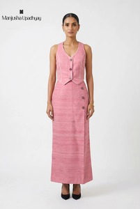 Conjunto Coordinado de Alta Calidad para Mujer, Color Rosa, con Adornos, Top Corto de Diseñador, Falda Maxi con Abertura Lateral de Cintura Alta, Atuendo de Moda para Fiesta - Product Image 4