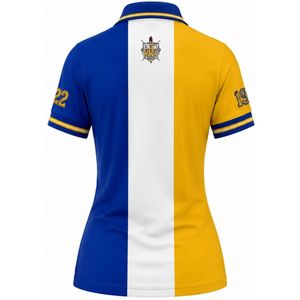 Polo personnalisé pour femmes Sigma Gamma Rho, design trois panneaux bicolore, bleu roi et or, manches courtes, vêtements à lettres grecques, vente en gros - Product Image 2