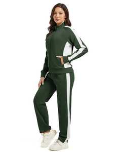 Women Green <b>White</b> Color Blocked Tracksuit Full Sleeve Stand Collar Knitted Polyester <b>2</b> <b>Piece</b> Sporty <b>Set</b> All Seasons Regular Fit - Product Image 1