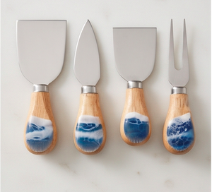 Juego de 4 cuchillos para queso de mano, hoja de acero inoxidable, mango de madera, patrón azul y blanco, para uso en la cocina - Product Image 1