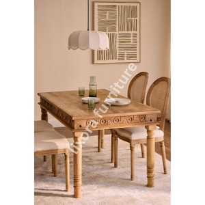 Ensemble de table à manger en bois massif artisanal de luxe pour 4 personnes, avec des sculptures florales ornées, finition naturelle en cannage - Product Image 5
