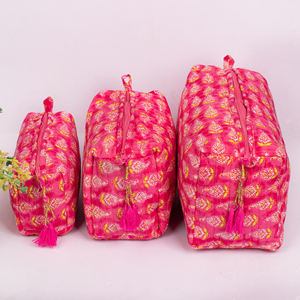 Bolsa de Maquillaje Multifuncional de Algodón Rosa Estampado, Ecológica, Lavable, de Gran Capacidad, Organizador de Cosméticos de Viaje - Product Image 1