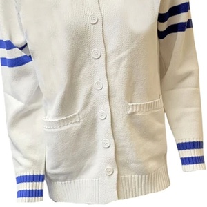 University Sorority Women wholesale Knitted <b>Cardigan</b> Sweater <b>White</b> Blue Varsity V-Neck OEM Striped Sleeve Preppy Sweater - Product Image 5