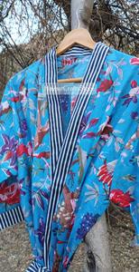 Bata Kimono Larga a Rayas para Mujer, Estampado de Bloques, Manga Larga, 100% Algodón Suave, Ropa de Dormir Casual de Verano con Cierre de Cordón - Product Image 5