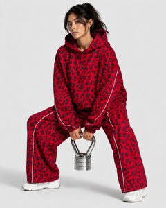 Custom Logo Women's Contrastline Red Leopard Print Tracksuit <b>Set</b> Fleece Pullover Hoodie Women's Casual Oversized Wide Leg Jogger - Product Image 4