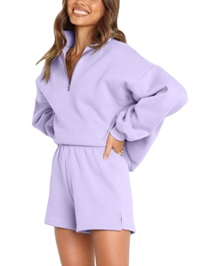 Ensemble deux pièces en molleton de coton uni pour femme, col montant, fermeture éclair, sweat-shirt et short, coupe régulière, décontracté, respirant, printemps-été - Product Image 4