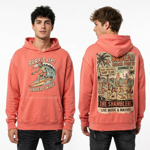 Sweat-shirt à capuche personnalisé rose corail pour homme, motif 'Undead Beach Party', style streetwear vintage vieilli, coupe oversize en coton - Product Image 1