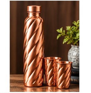 Handcrafted Copper <b>Water</b> <b>Bottle</b> with Lid and 2 Cups Engraved Ikat Pattern <b>Metal</b> Flask Travel Drinkware Set - Product Image 6