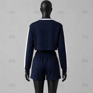 Ensemble de survêtement sportif deux pièces bleu marine pour femme, léger, en polyester/nylon, avec haut court à manches longues et col en V et short - Product Image 6
