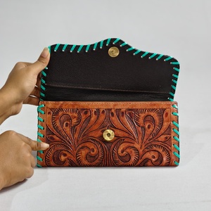 Real Genuine <b>Leather</b> Clutch Hand <b>Tooled</b> Floral Carving Wallet Vintage Multi Uses Credit Cards Cash Wallet Gifts For Women Use - Product Image 3
