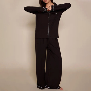 Women's Black Long Sleeve Pajama Set Knitted Satin Button Front Classic Sleepwear Full Length Loose Fit Two Piece Autumn Wear - Product Image 1