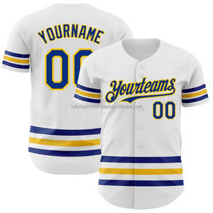 Camiseta de Béisbol Personalizada para Hombre, Blanca con Rayas Azules y Amarillas, Nombre y Número del Equipo, Impresión en Serigrafía, Uniforme Deportivo Transpirable de Manga Corta - Product Image 1
