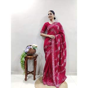 DISEÑADOR VICHITRA SILK STONE WORK SAREE CON BLUSA DESCOSADA ROSA - Product Image 1