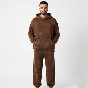 Ensemble de survêtement 2 pièces pour homme, marron délavé à l'acide, en coton, coupe décontractée, respirant, couleur unie, style streetwear, idéal pour l'hiver - Product Image 1