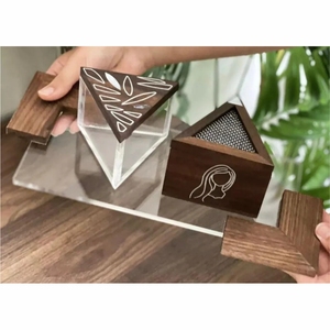Ensemble de brûleurs d'encens de luxe en bois et acrylique, design géométrique moderne, Mubkhar Oud Bukhoor, avec plateau, vente en gros, décoration d'intérieur, cadeau de Ramadan - Product Image 1