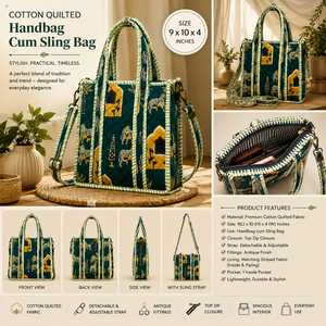 Stylish Cotton <b>Quilted</b> <b>Handbag</b> with Detachable Sling - Product Image 4