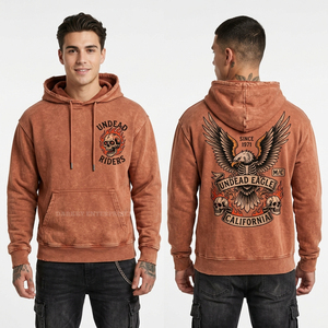 Sweat à capuche personnalisé délavé à l'acide pour homme, coupe oversize vintage, en molleton épais, avec broderie graphique Crâne Aigle, style streetwear - Product Image 1
