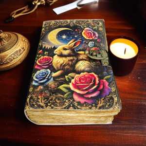 Journal relié en spirale en cuir imprimé motif lapin, couverture rigide, floral, vintage, fait main - Product Image 4