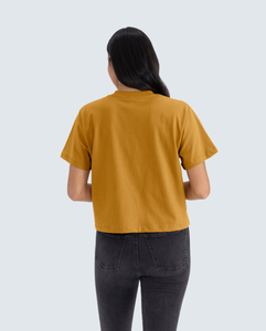 T-shirt col rond pour femme, couleur moutarde, manches courtes, coupe ample, couleur unie, décontracté, tissu jersey 100% coton, toutes saisons - Product Image 3